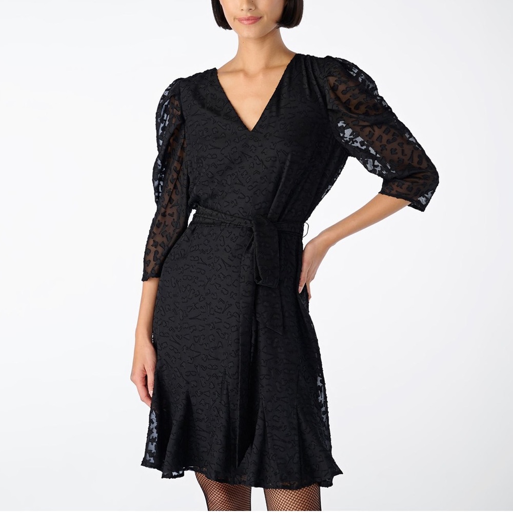 Karl Lagerfeld V-Neck Burnout Logo Elbow Sleeve Belted Black Dress Size 10